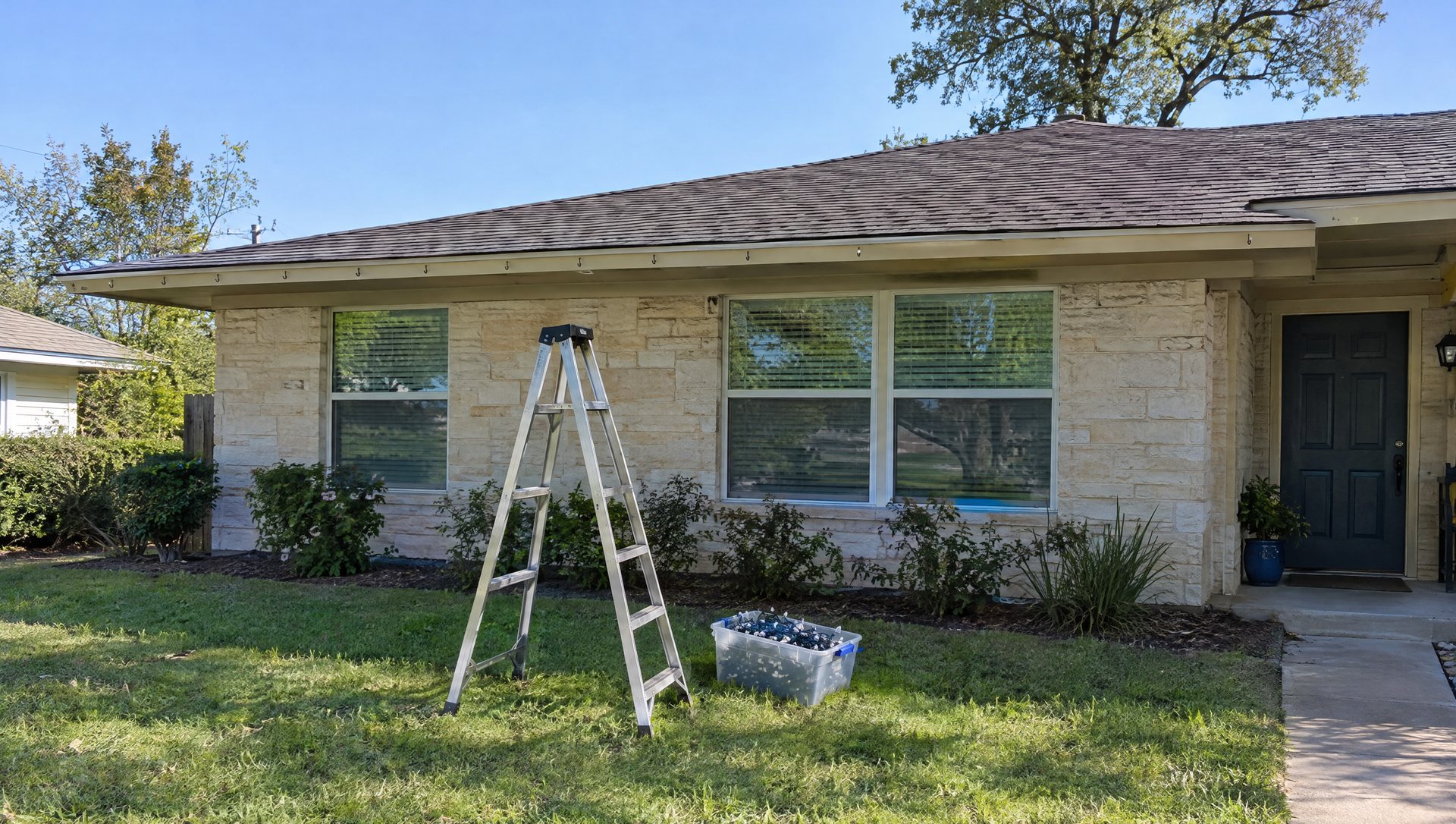 A short stepladder under the low eave of a one-story house with a box of lights on the grass.