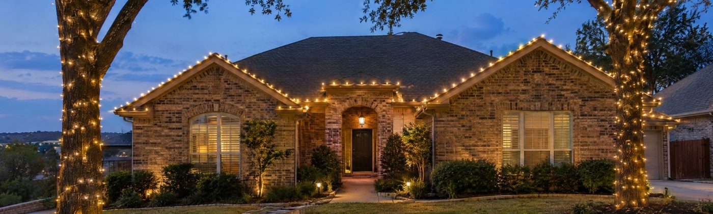 Home at dusk with freshly hung warm white roofline lights and wrapped tree trunks