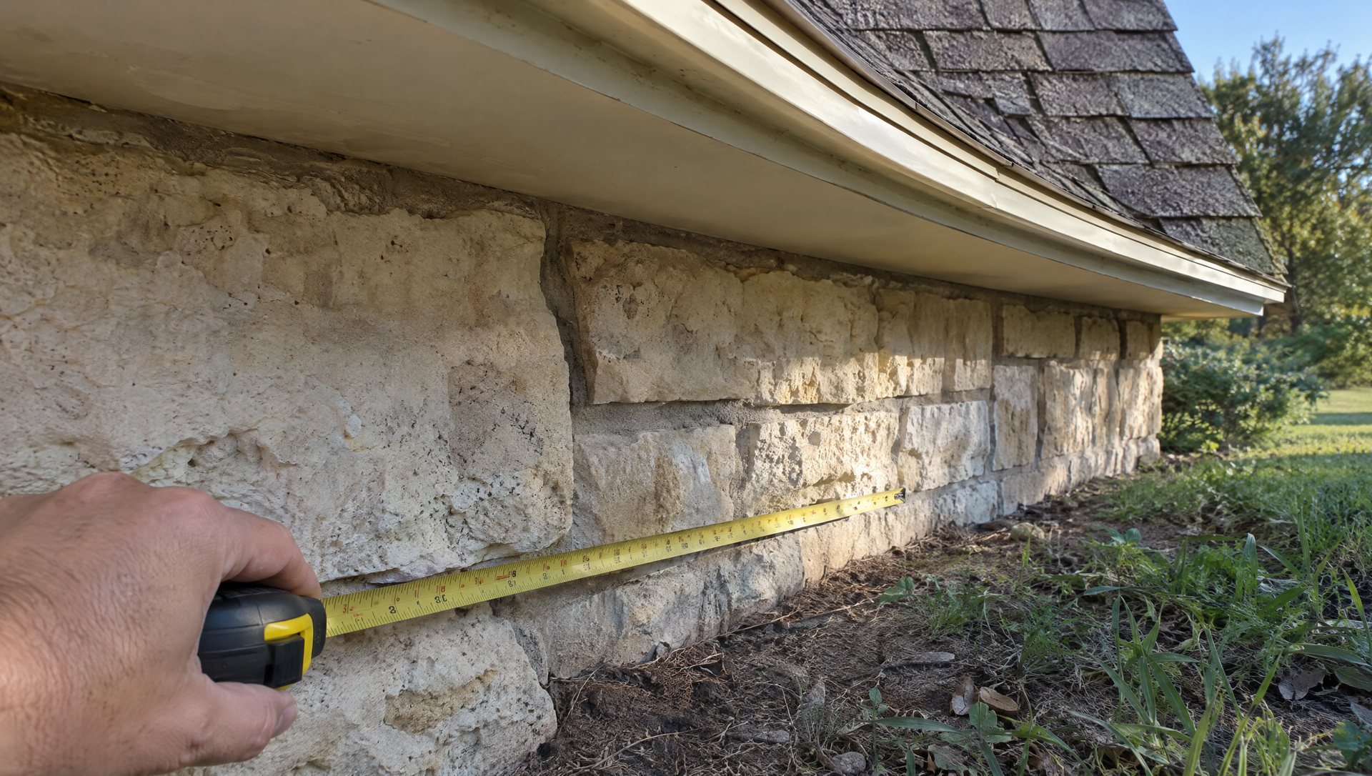 Measuring the eave run at the foundation of a limestone home before hanging Christmas lights