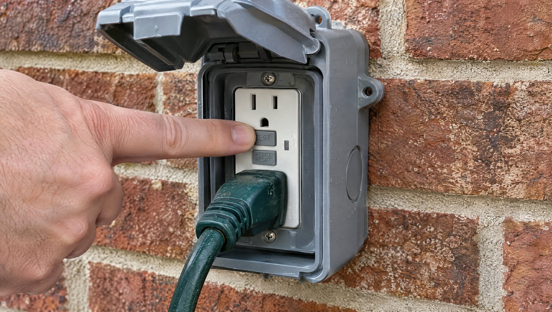 Testing an outdoor GFCI outlet on a brick wall before plugging in Christmas lights