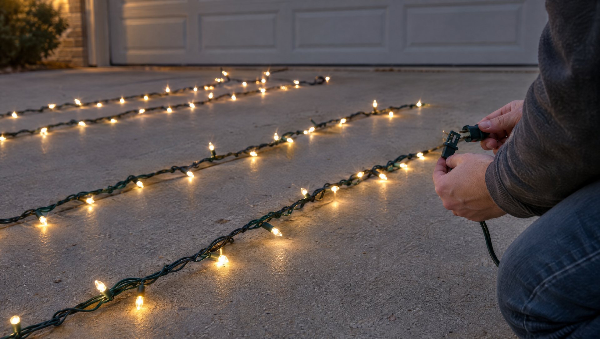 Christmas light strands plugged in and tested on a driveway before going up the ladder