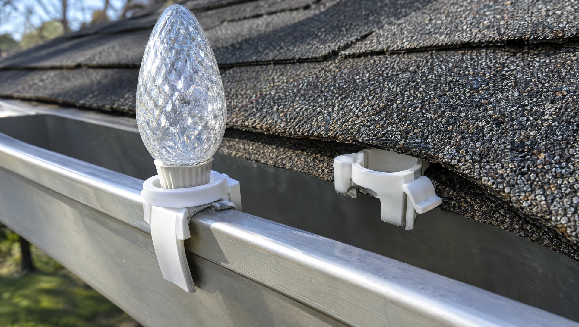 All-in-one Christmas light clips on a gutter lip and under a shingle edge, holding C9 bulbs upright