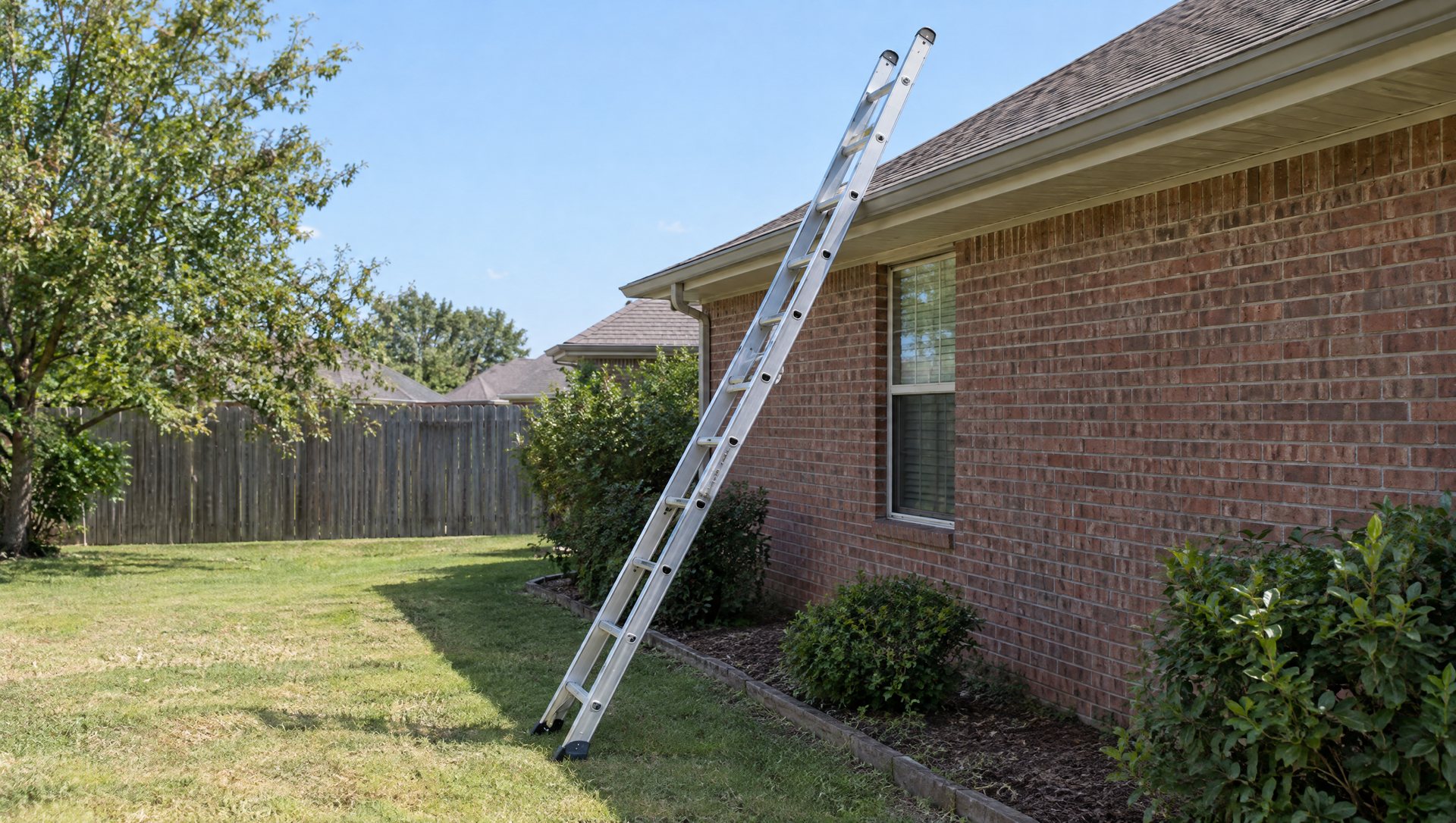 Extension ladder set at a safe angle against a brick home's eave for hanging Christmas lights