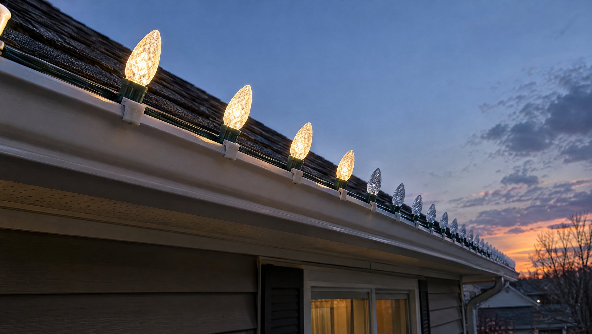Evenly spaced C9 Christmas light bulbs clipped upright along a gutter at dusk