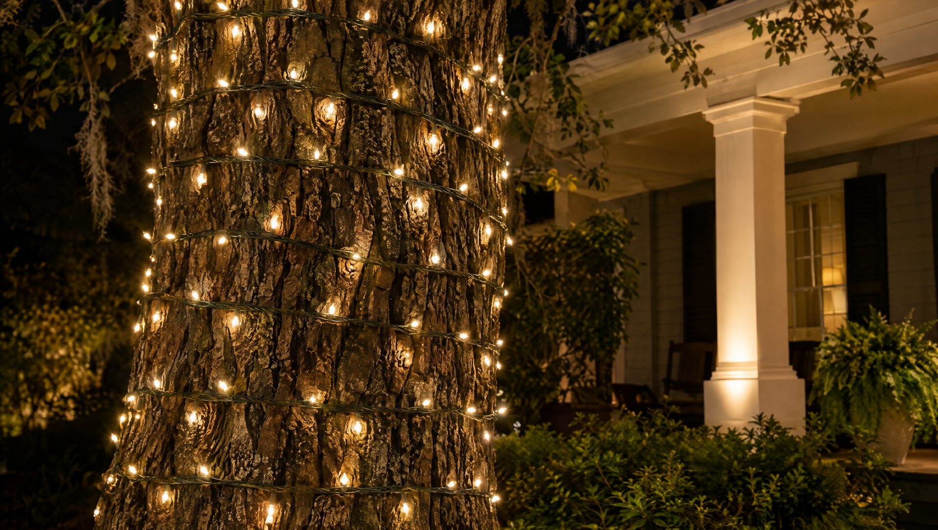 Close view of a tree trunk wrapped in warm white Christmas mini lights at night