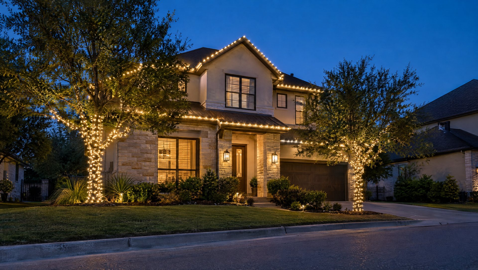 Two-story home with Christmas roofline lights and wrapped trees lit on a timer at dusk