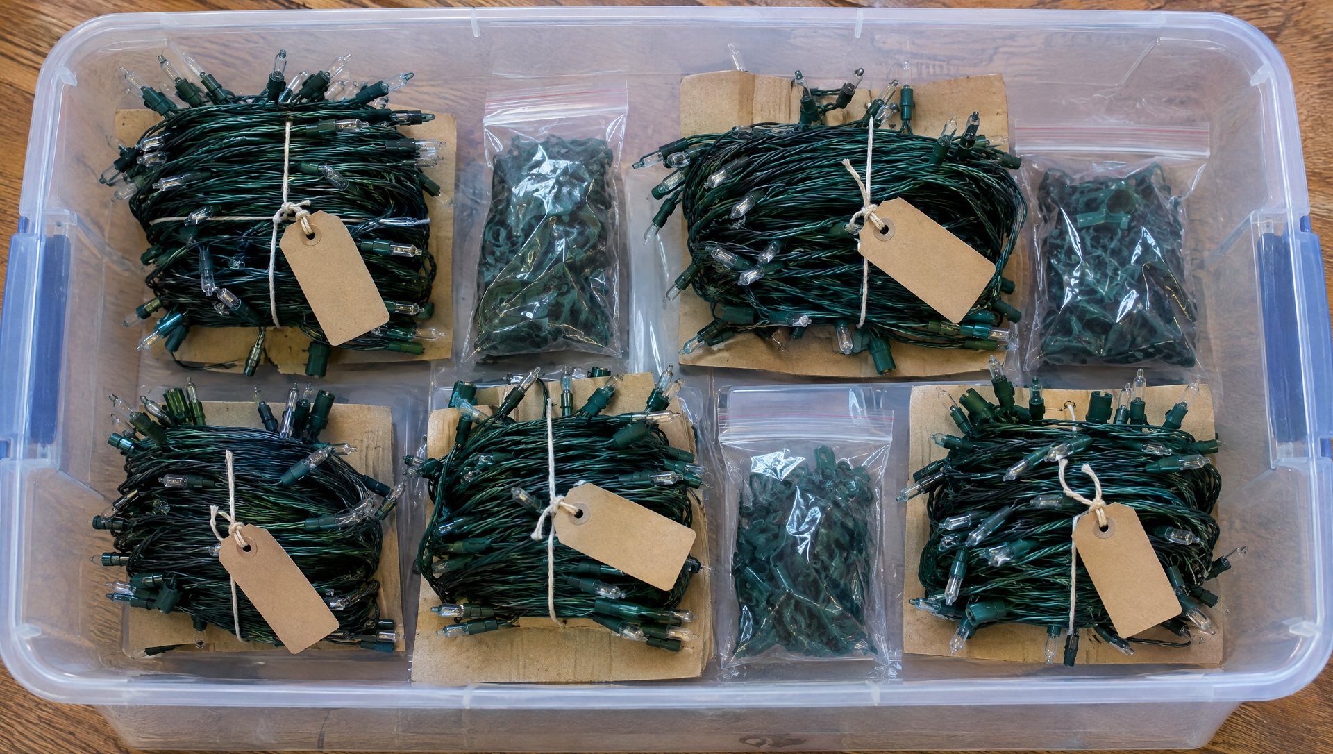 Christmas light strings wound on cardboard with clips bagged for storage after takedown