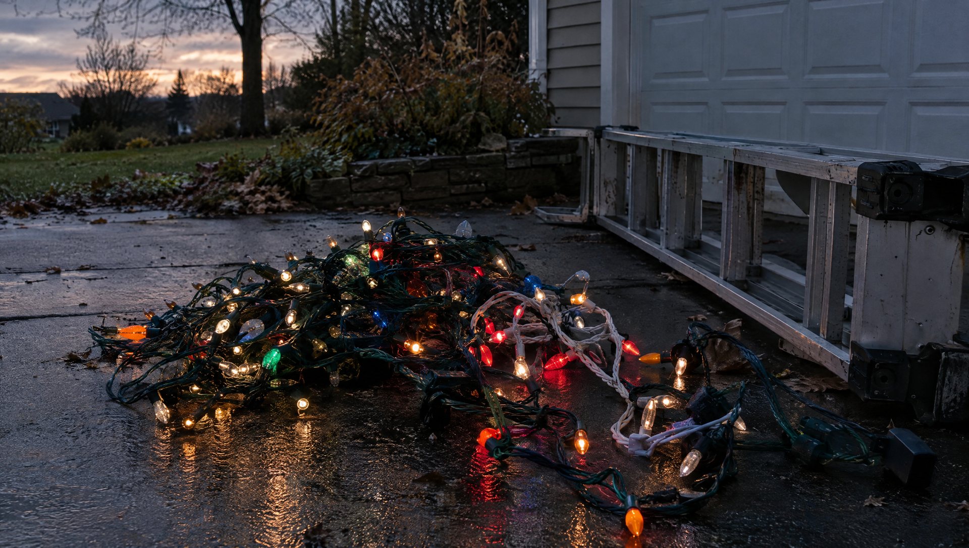 Tangled mismatched Christmas lights piled on a damp driveway beside an unused ladder
