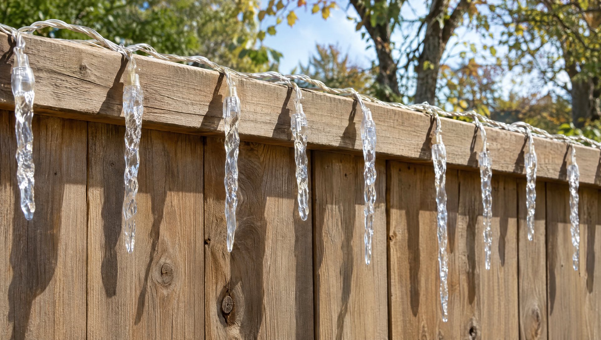 Unplugged icicle lights draped over a fence in the sun to relax the drops