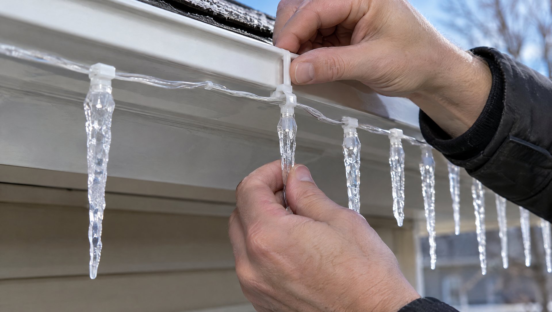 Hands clipping icicle lights' top wire to a gutter with closely spaced clips