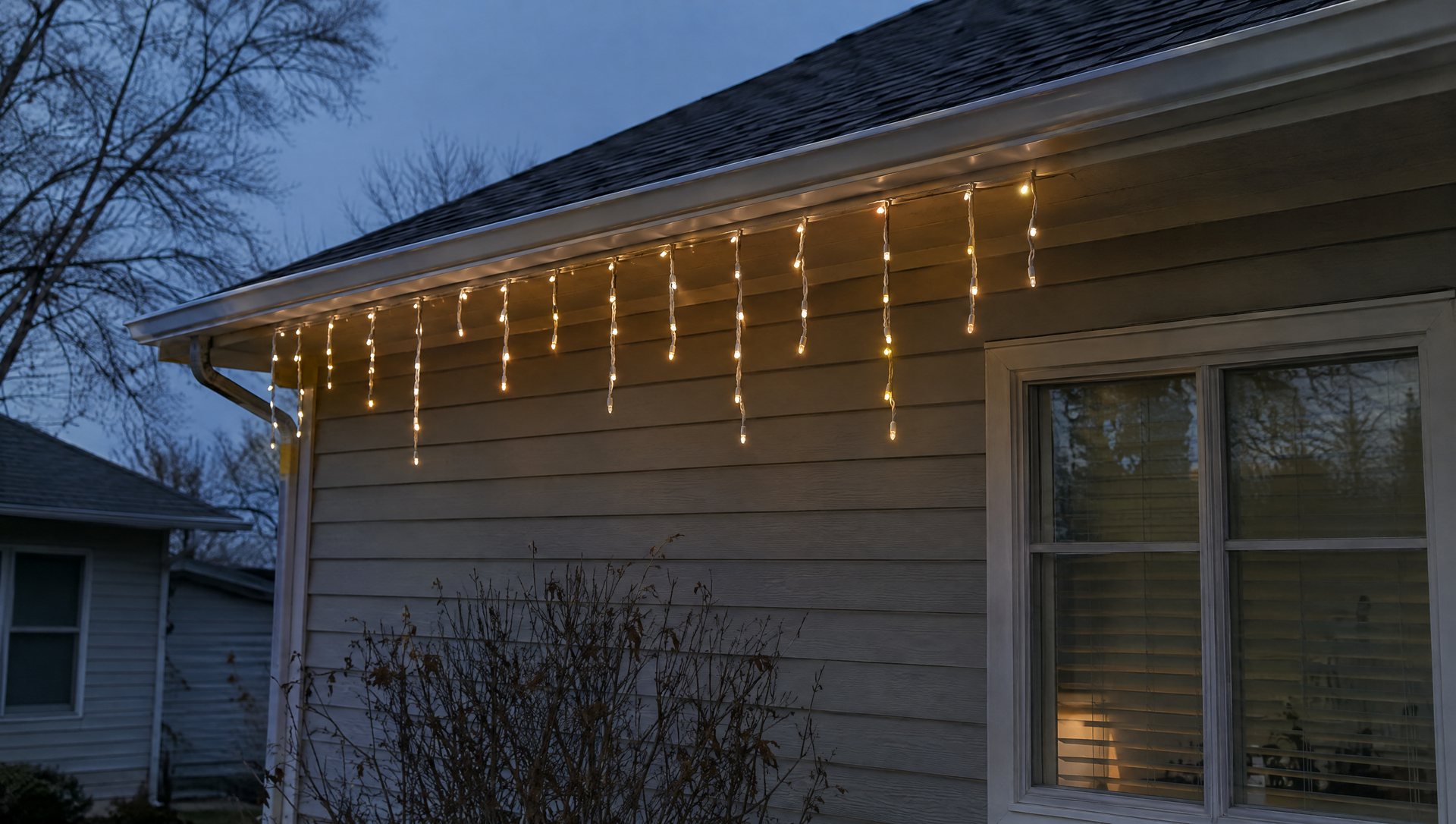 Short test section of icicle lights on a gutter viewed from the sidewalk at dusk