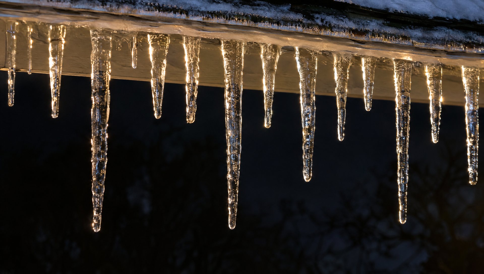 Lit icicle light drops hanging plumb in a short-medium-long pattern at night
