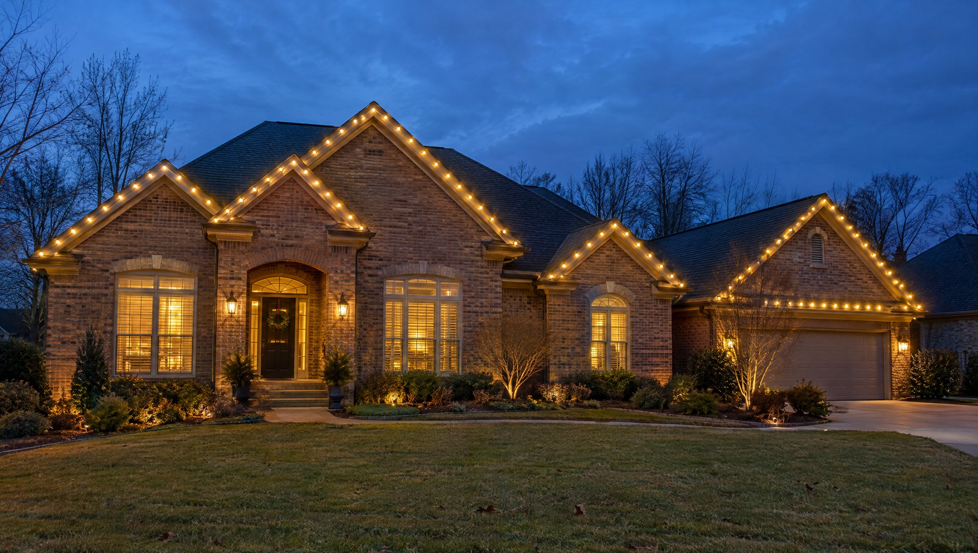 Brick home with a broken gabled roofline lit with C9 lights instead of icicles