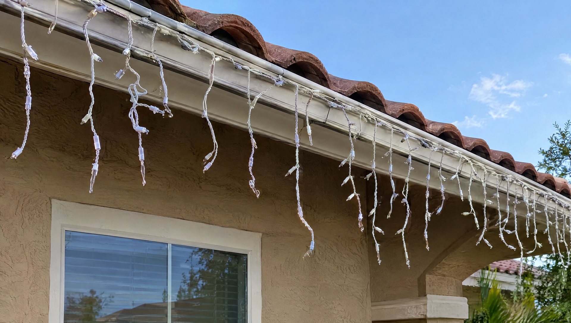 Icicle lights on a stucco home with a few wind-tangled drops in morning light