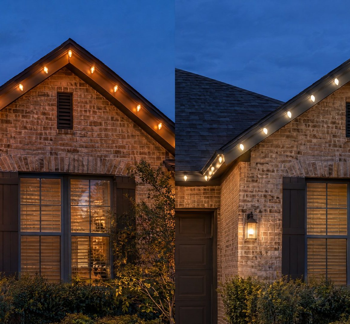 LED vs Incandescent Christmas Lights: Brightness, Color, Cost and Safety Incandescent and LED C9 bulbs side by side on a roofline at night
