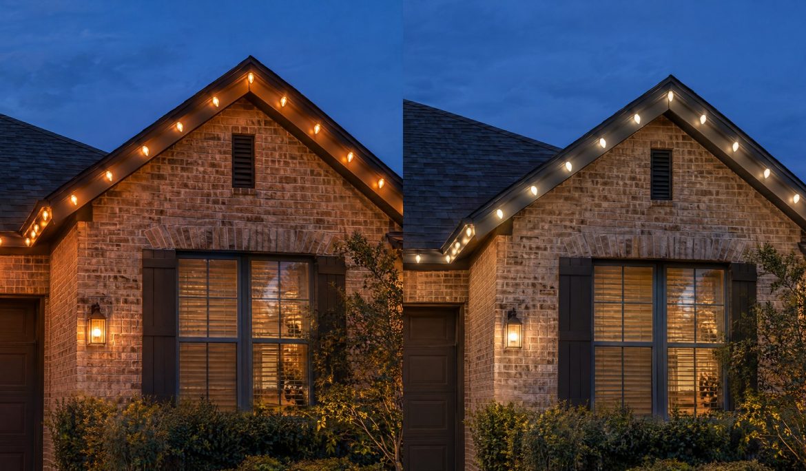 Incandescent and LED C9 bulbs side by side on a roofline at night
