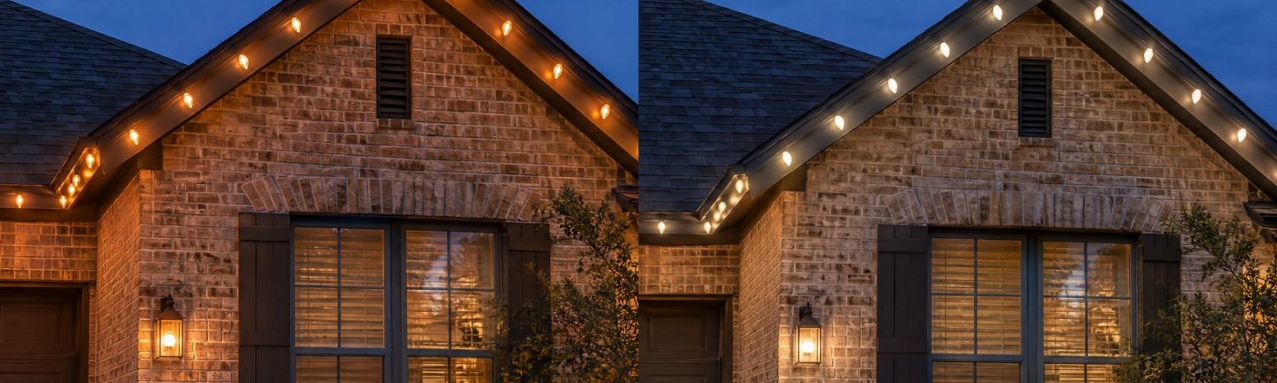 Incandescent and LED C9 bulbs side by side on a roofline at night