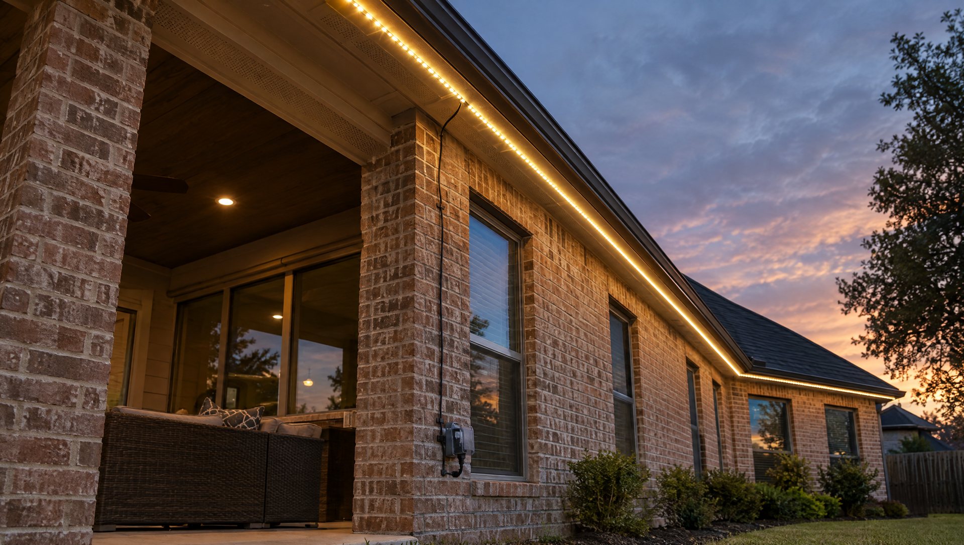 One outdoor outlet powering a long LED Christmas light roofline at dusk