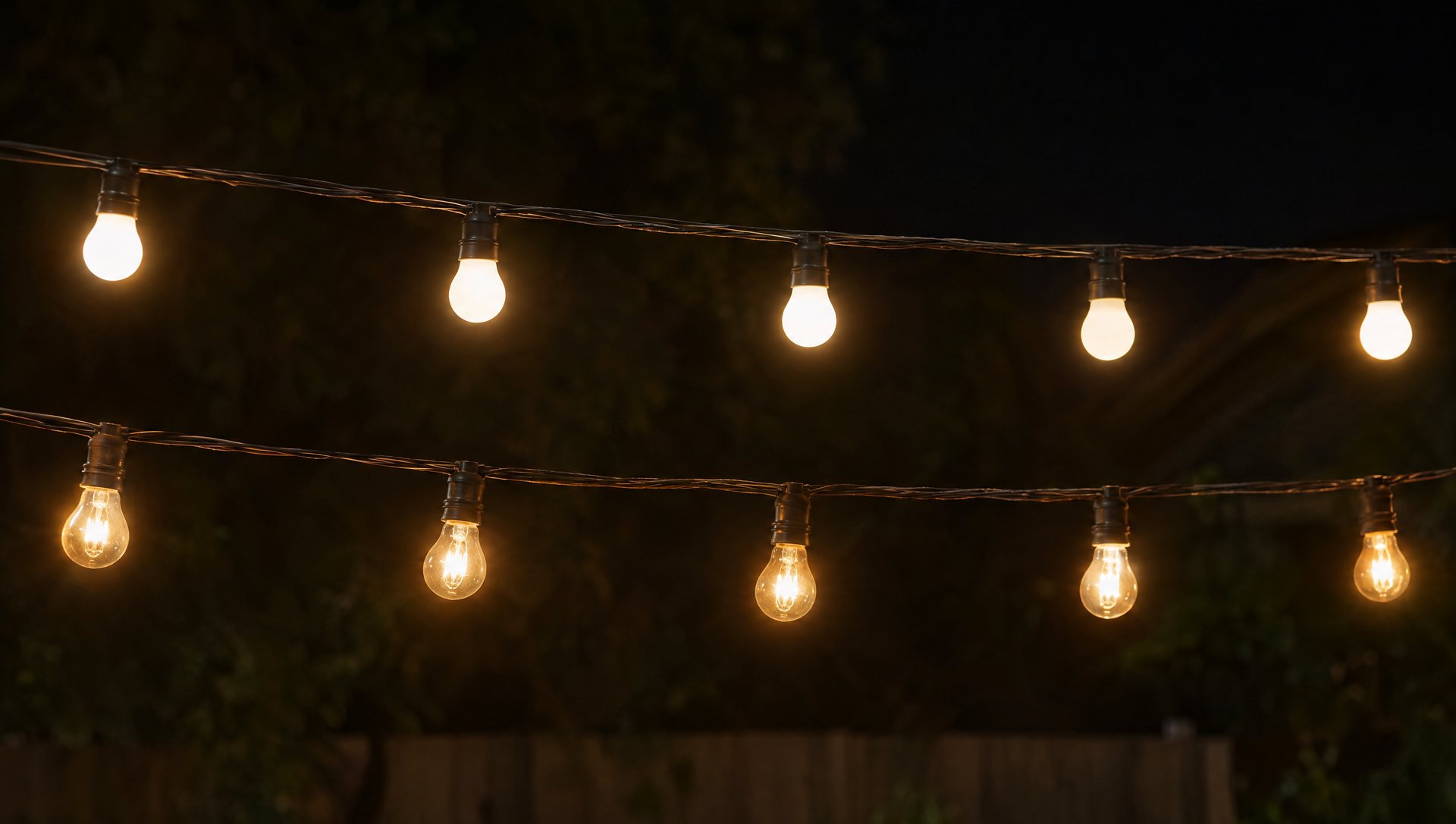 LED and incandescent warm-white Christmas lights side by side at night
