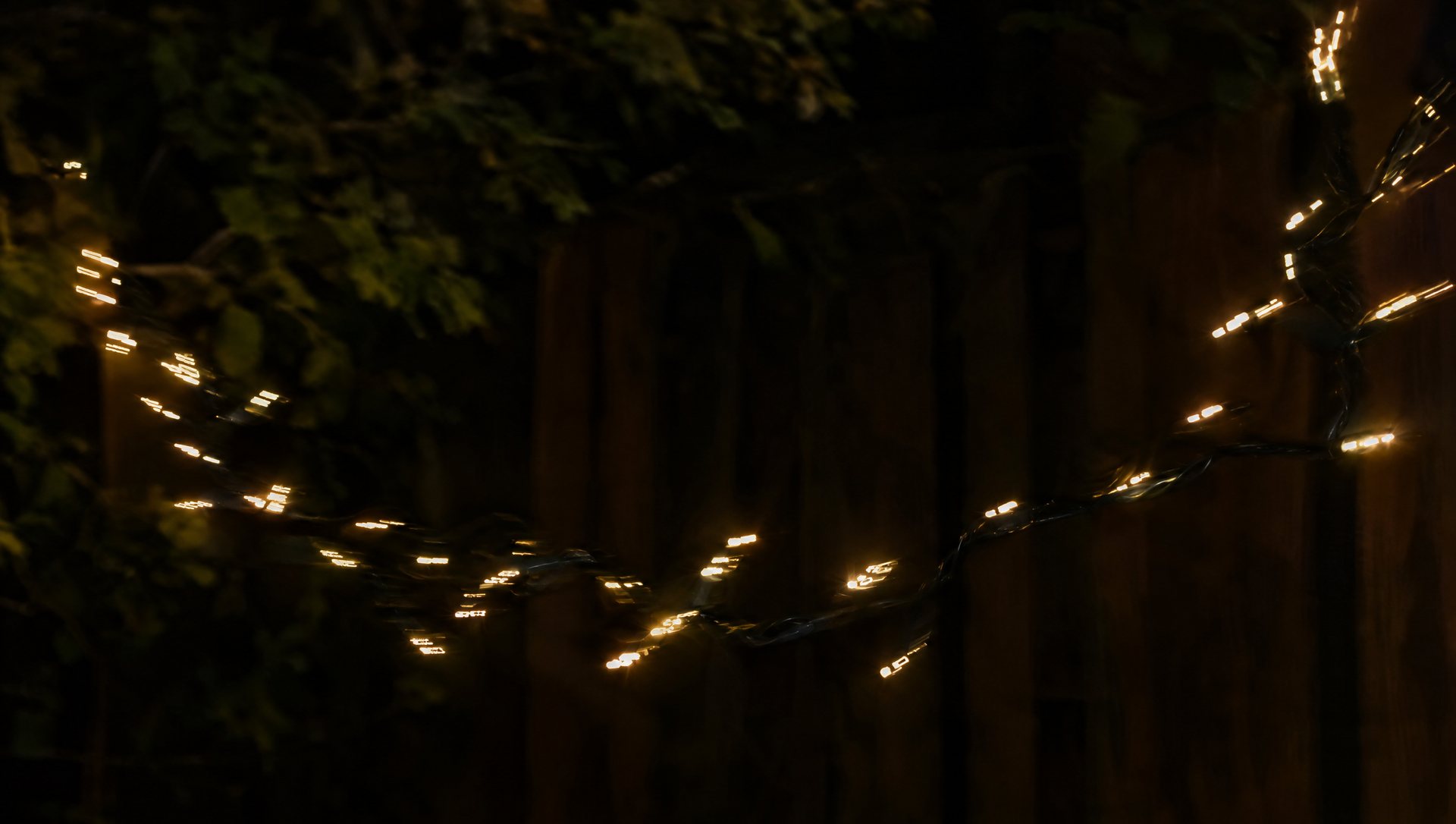 LED Christmas mini lights showing flicker as dashed light trails at night