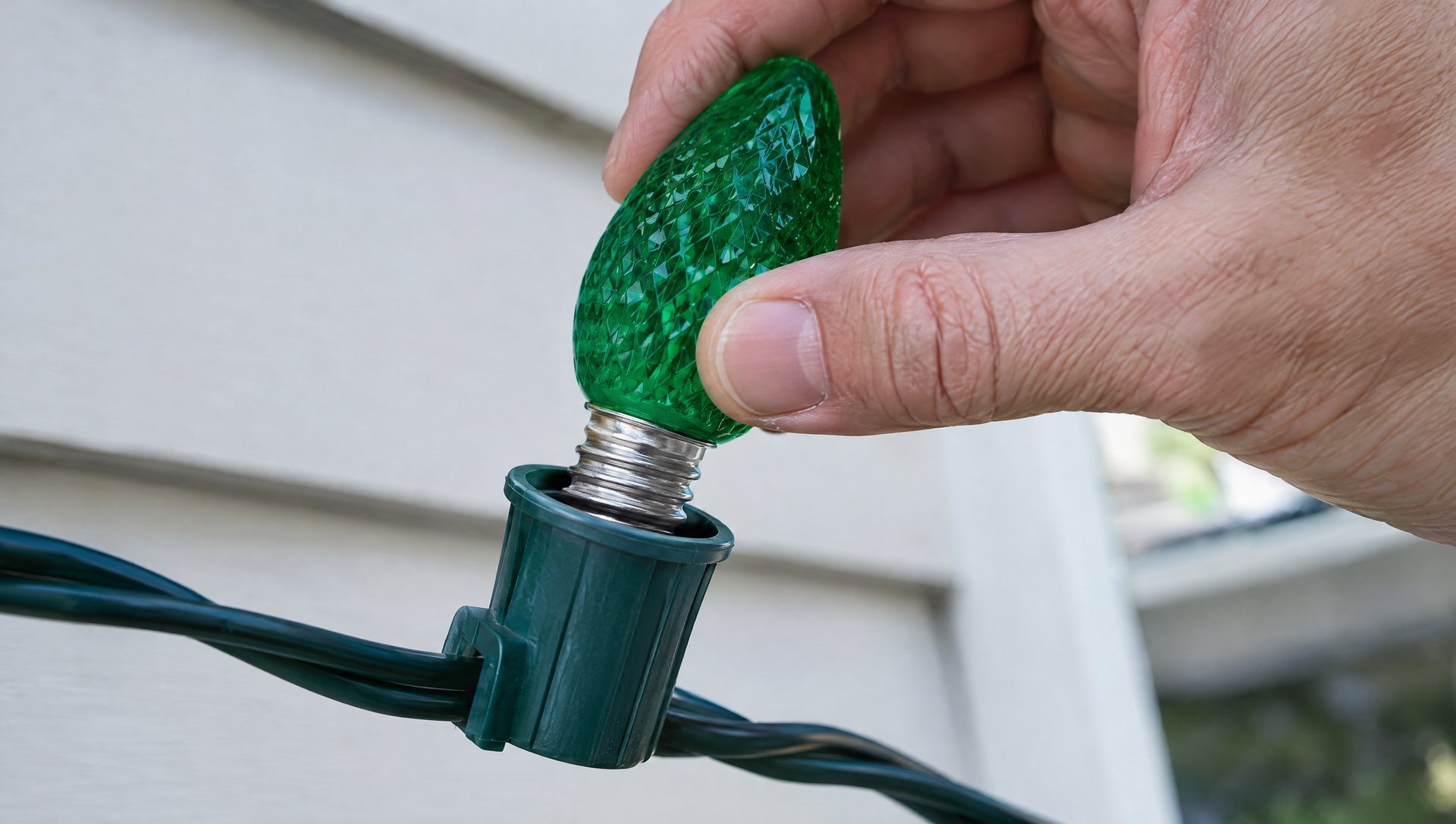 Fingers replacing a screw-in C9 Christmas light bulb, close-up