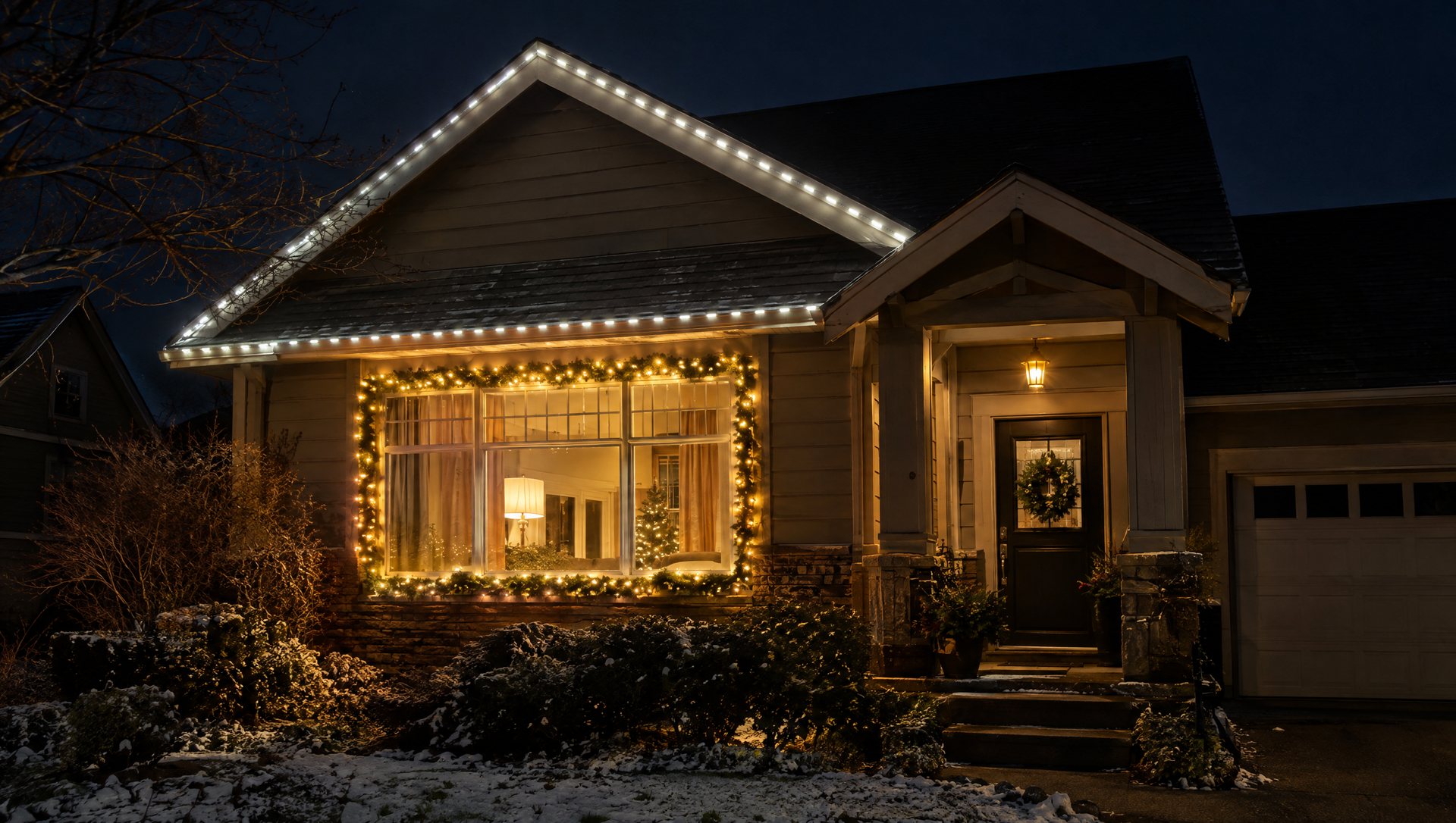 Incandescent window garland and separate LED roofline on a home at night