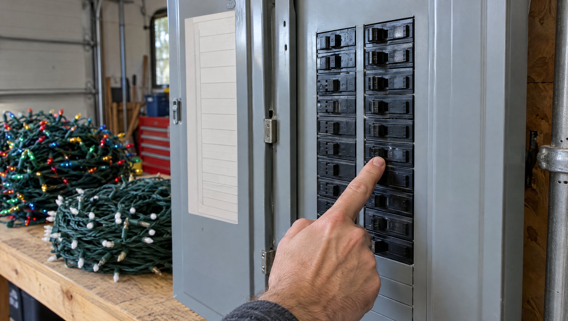 Hand pointing to a 15-amp breaker in a garage panel with Christmas light strings nearby
