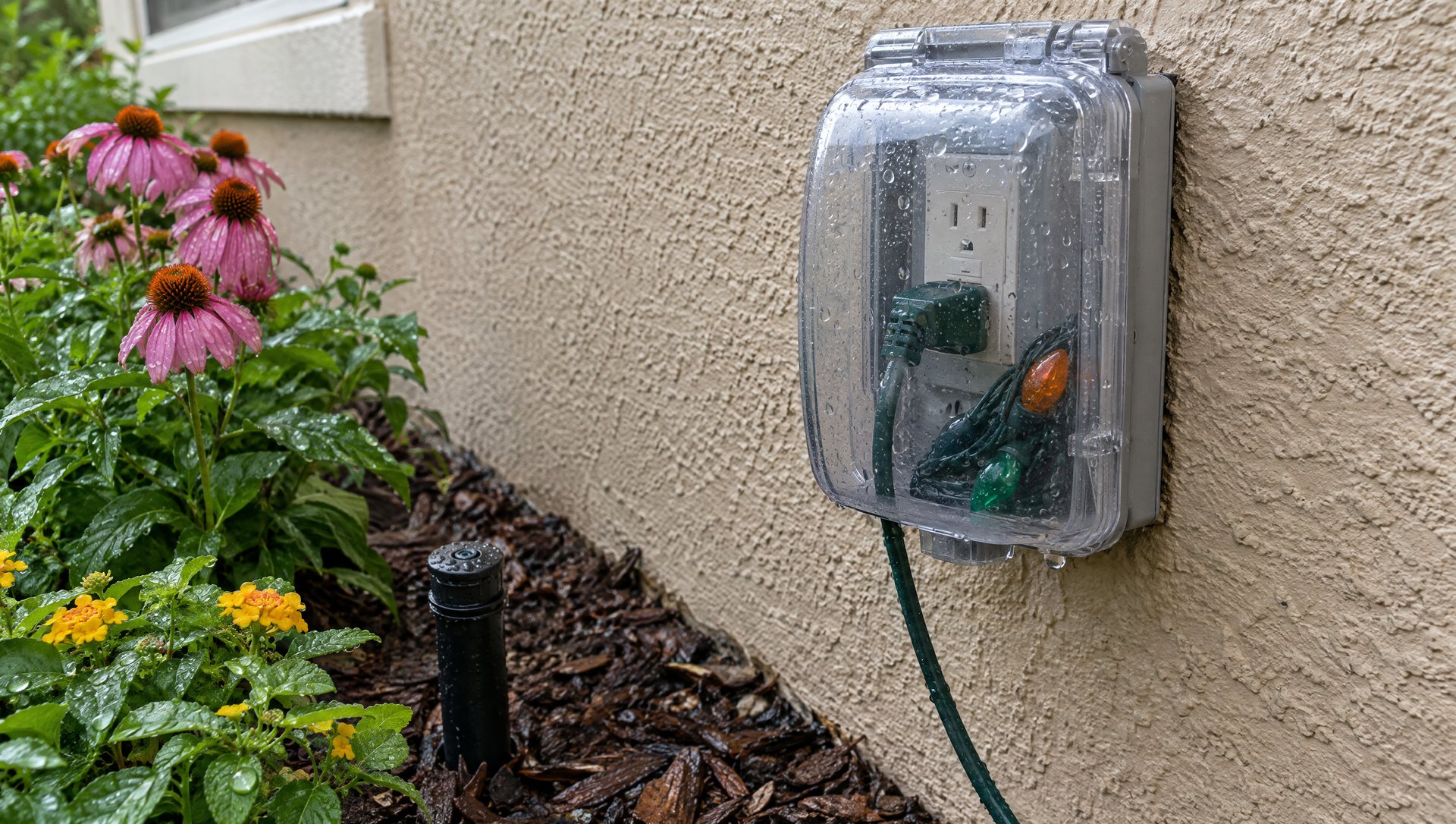Outdoor GFCI outlet with an in-use bubble cover protecting a light plug on a wet stucco wall