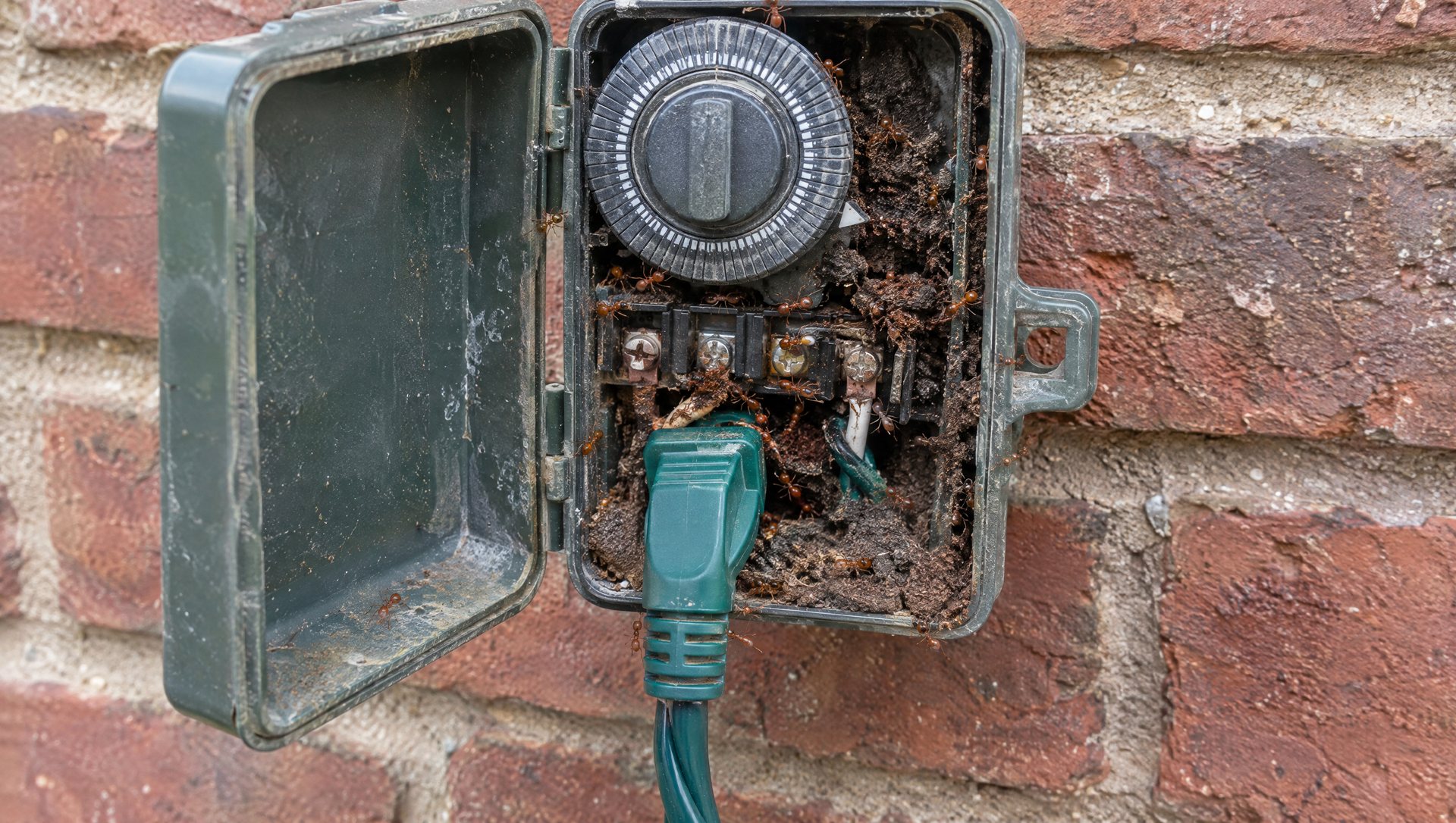 Open outdoor timer box with fire ants and packed soil around the electrical contacts