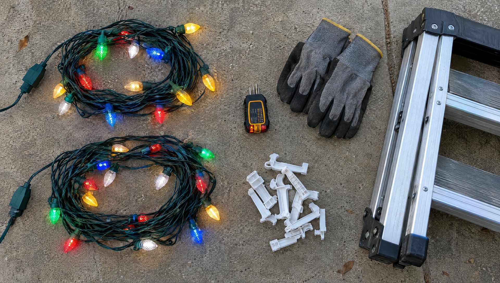 LED light strings glowing during a ground test beside gloves, clips and a GFCI tester on a driveway