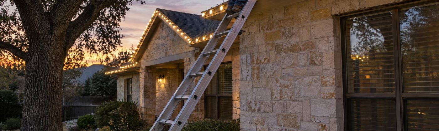Fiberglass ladder set against a limestone ranch house with warm white Christmas lights on the roofline at dusk