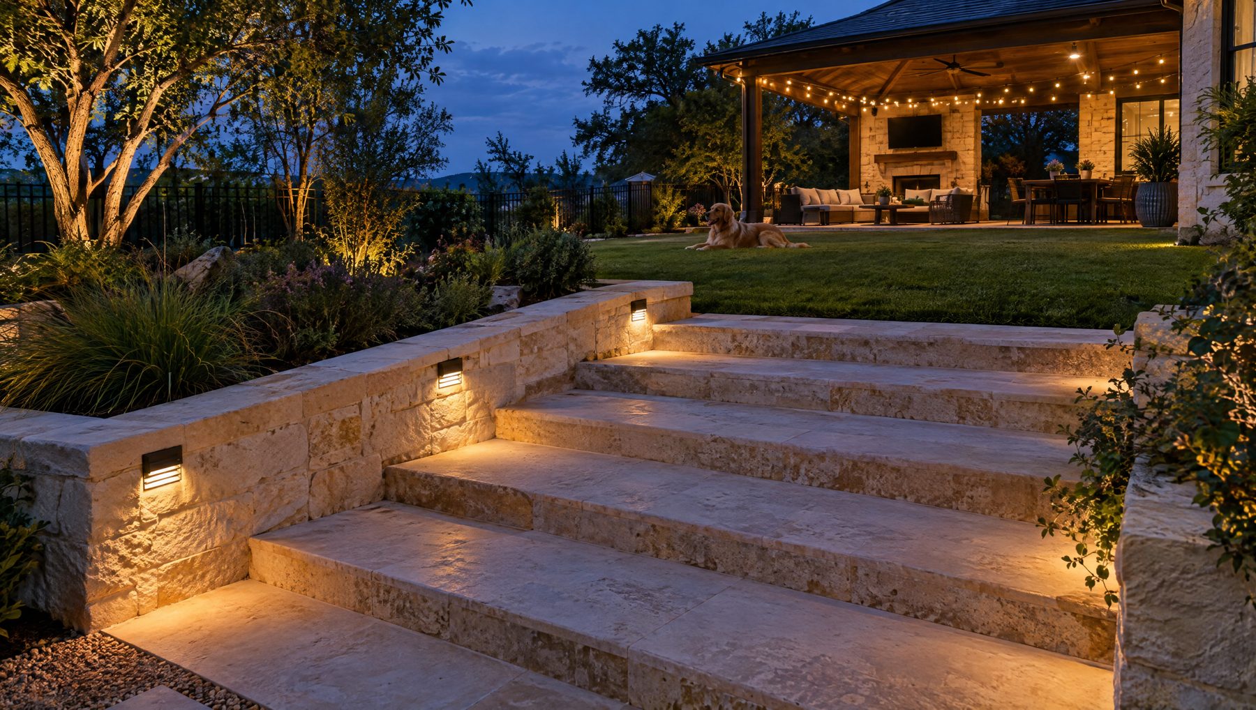 Illustration: low, shielded step lights on limestone steps. Step lighting for safety is exempt from Lakeway's curfew.