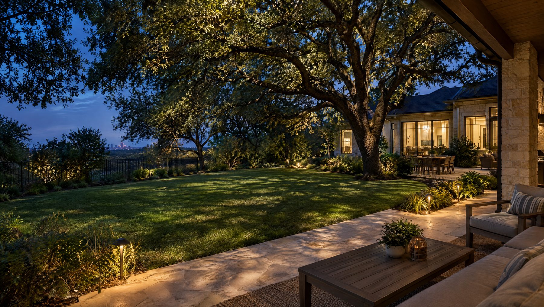 Illustration: moonlighting from a live oak canopy, with soft leaf shadows on the lawn and a limestone patio.