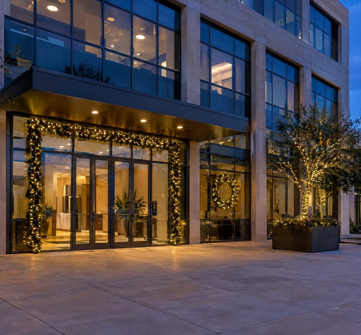 Modern office entrance at dusk with lit garland, wreaths and wrapped planter trees