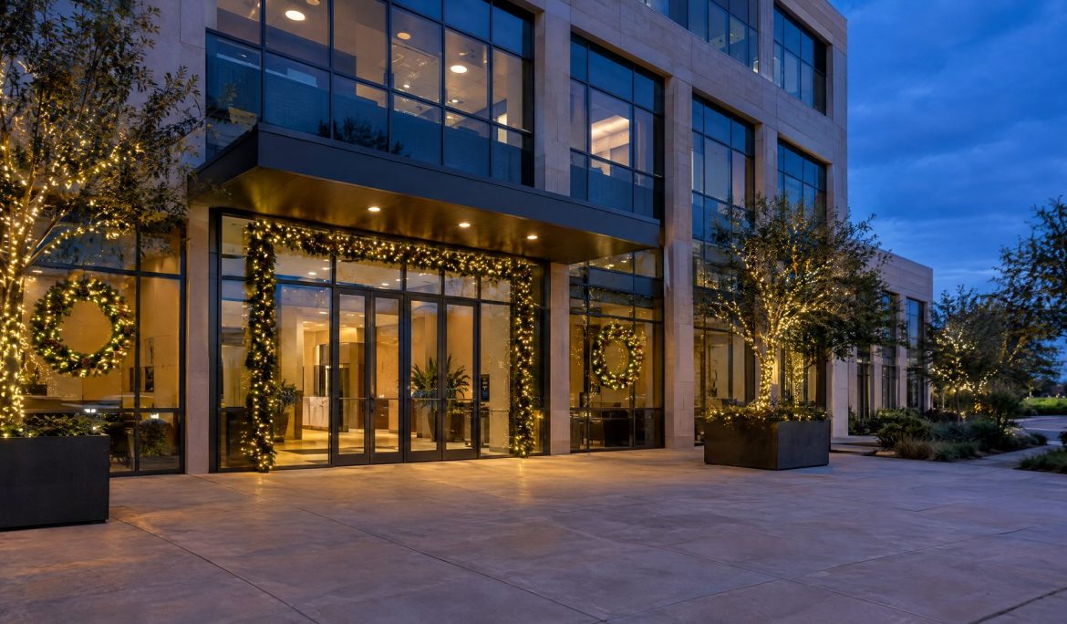 Modern office entrance at dusk with lit garland, wreaths and wrapped planter trees