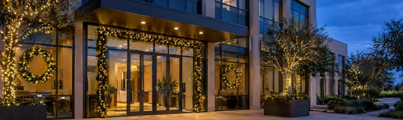 Modern office entrance at dusk with lit garland, wreaths and wrapped planter trees