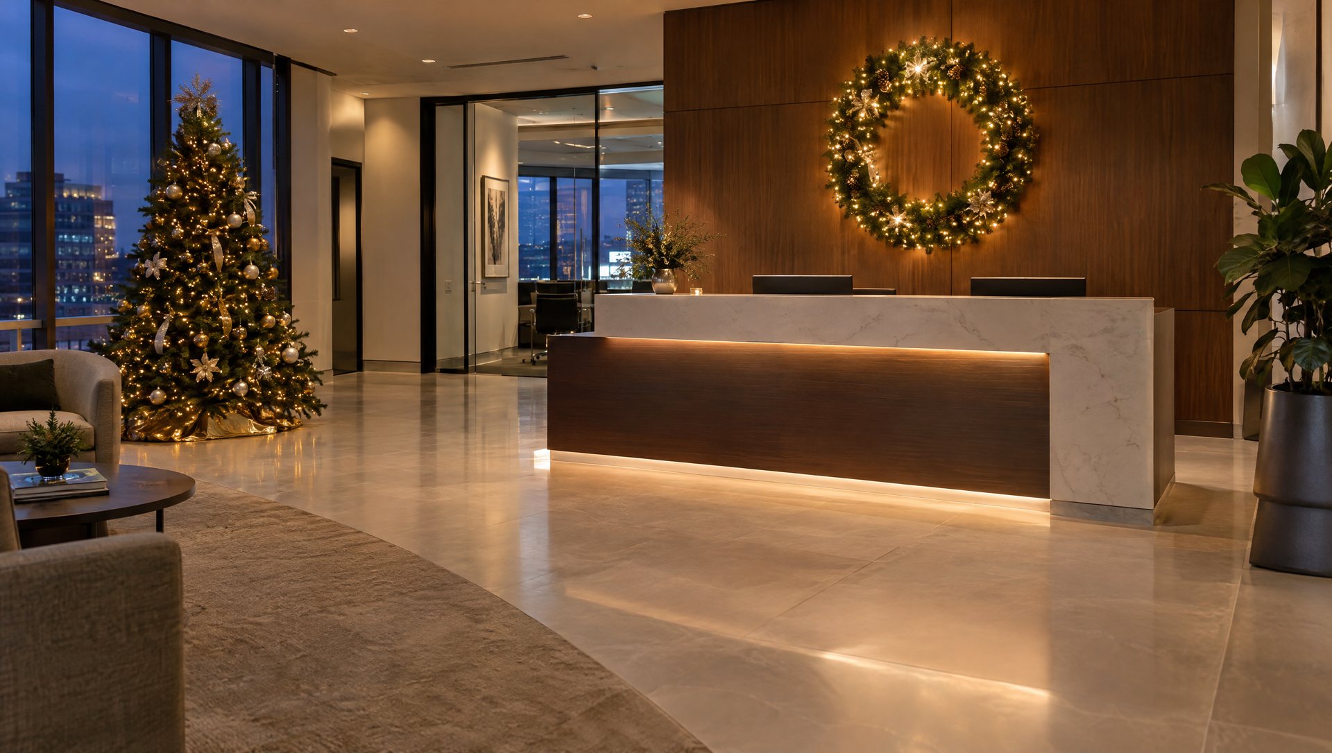 Office reception with a lit Christmas wreath behind the desk and a clear path to check-in
