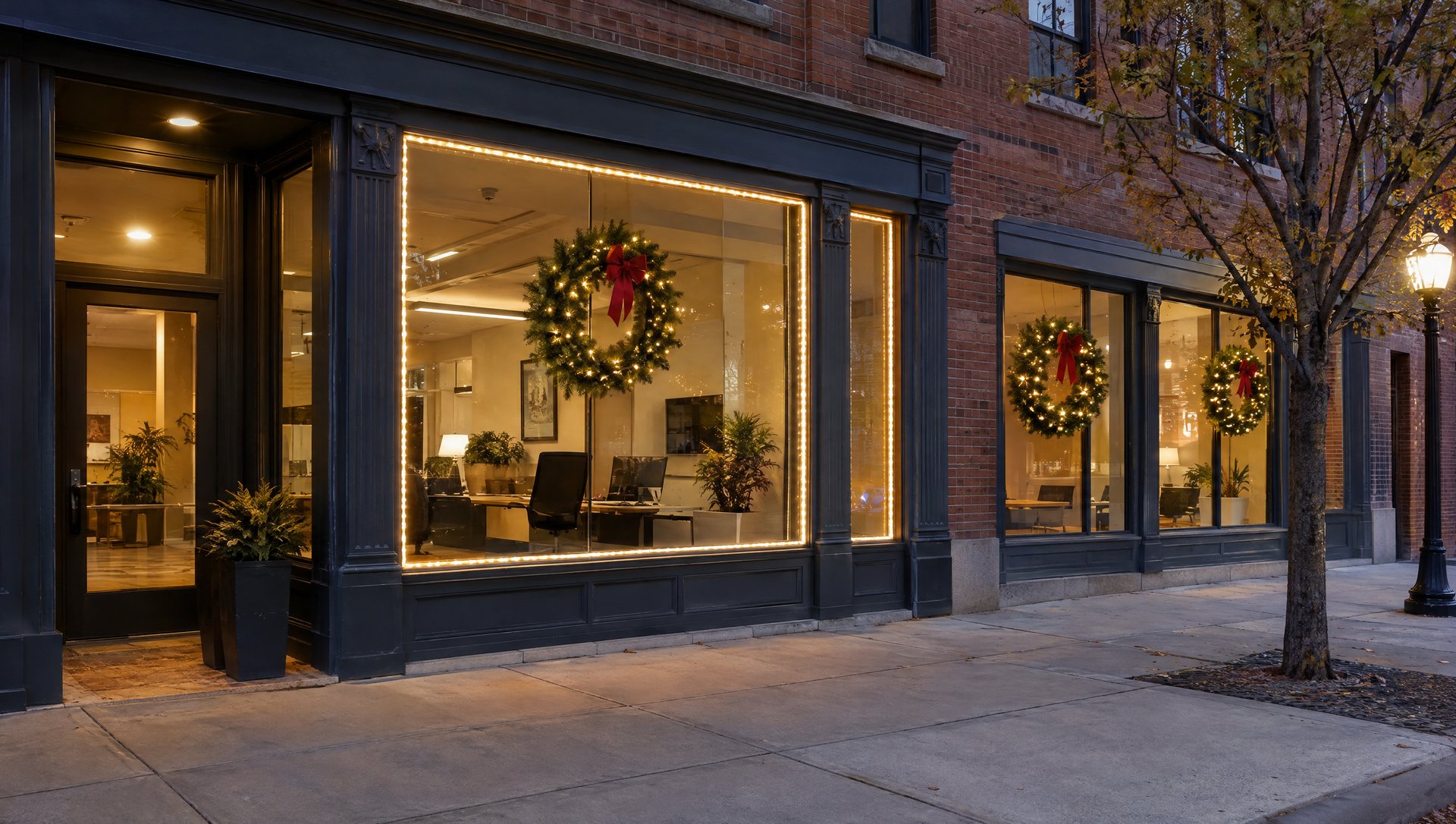 Office windows with matching lit Christmas wreaths and a warm white outline at dusk