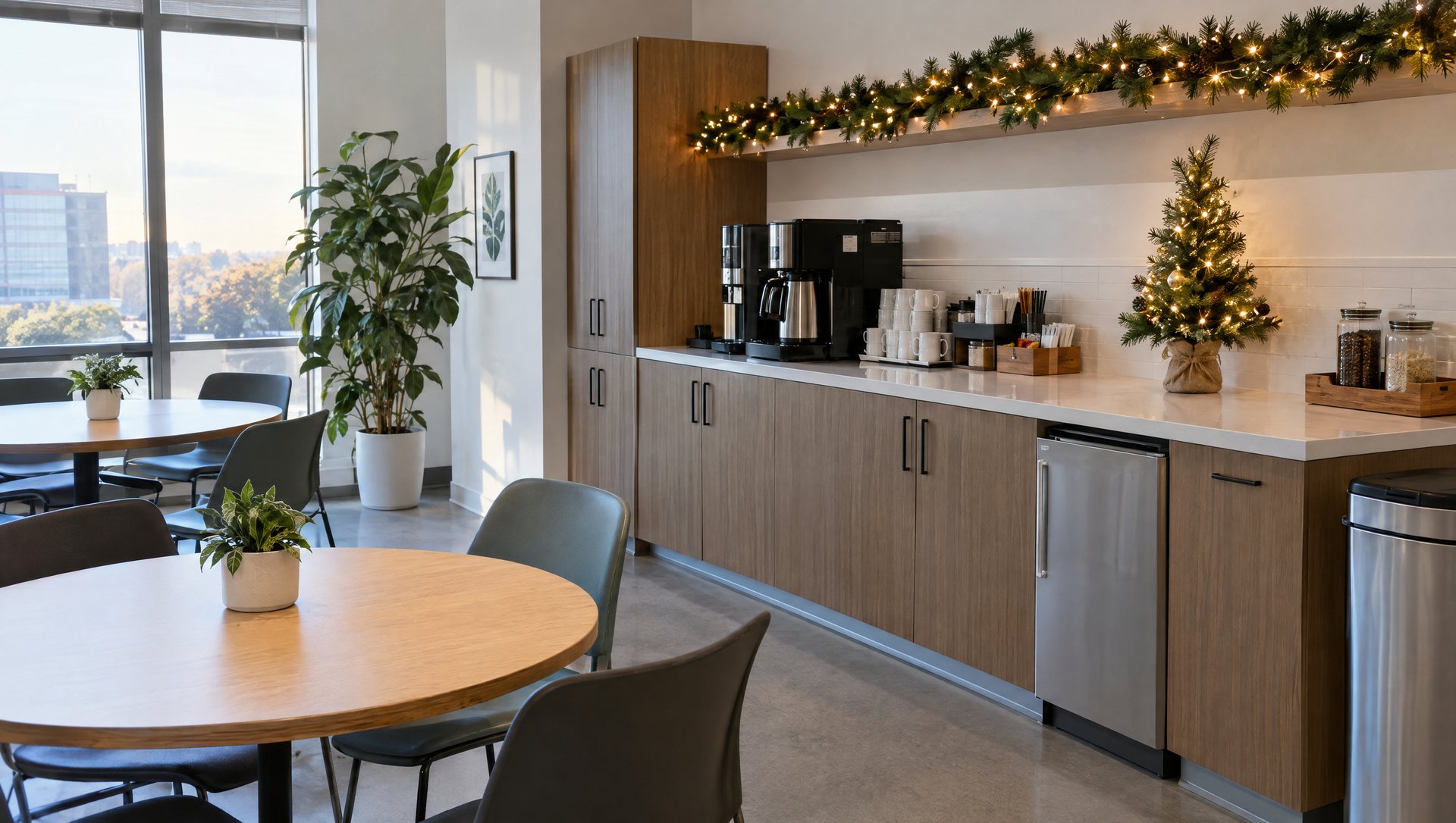 Office break room with lit Christmas garland above the coffee area and a tabletop tree