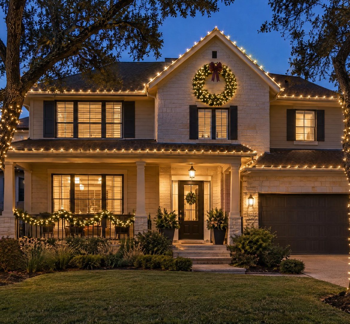 Austin home at night with lit wreath, wrapped oak trunks and warm white roofline lights