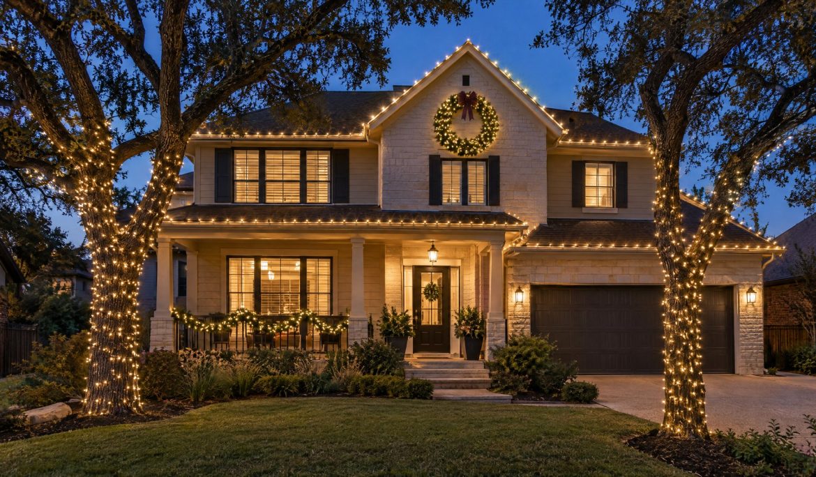 Austin home at night with lit wreath, wrapped oak trunks and warm white roofline lights