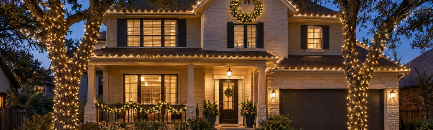 Austin home at night with lit wreath, wrapped oak trunks and warm white roofline lights