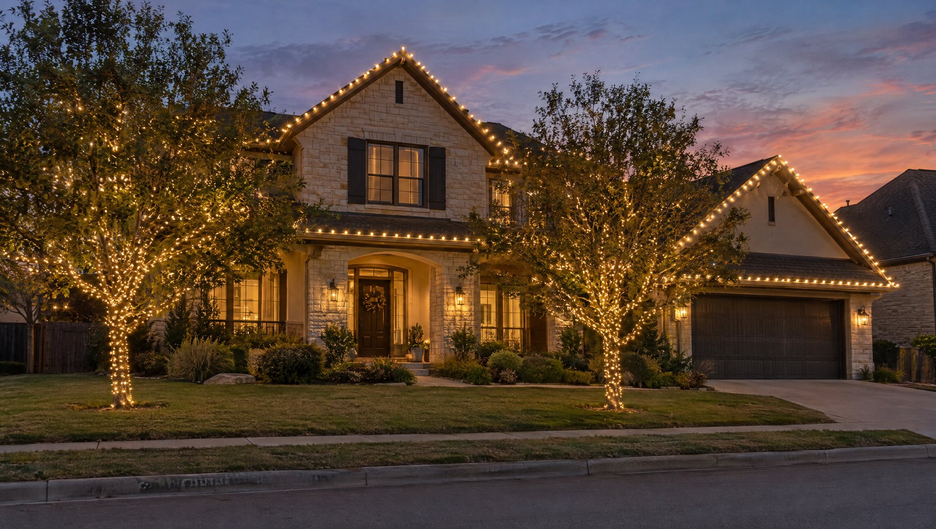 Two-story home with a C9 roofline outline and wrapped trees glowing at dusk