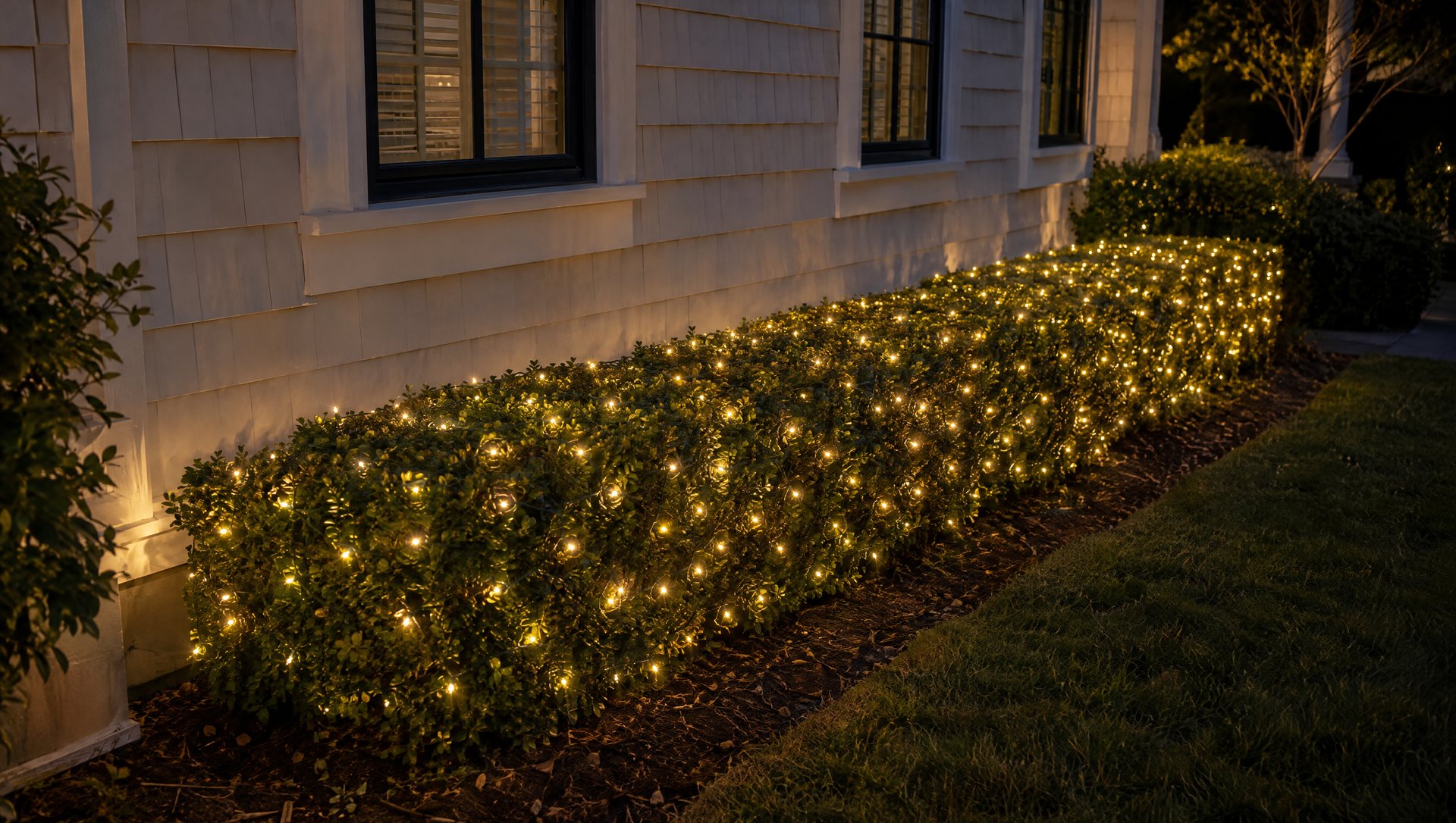 Net-lit hedge glowing evenly along a home's foundation at night