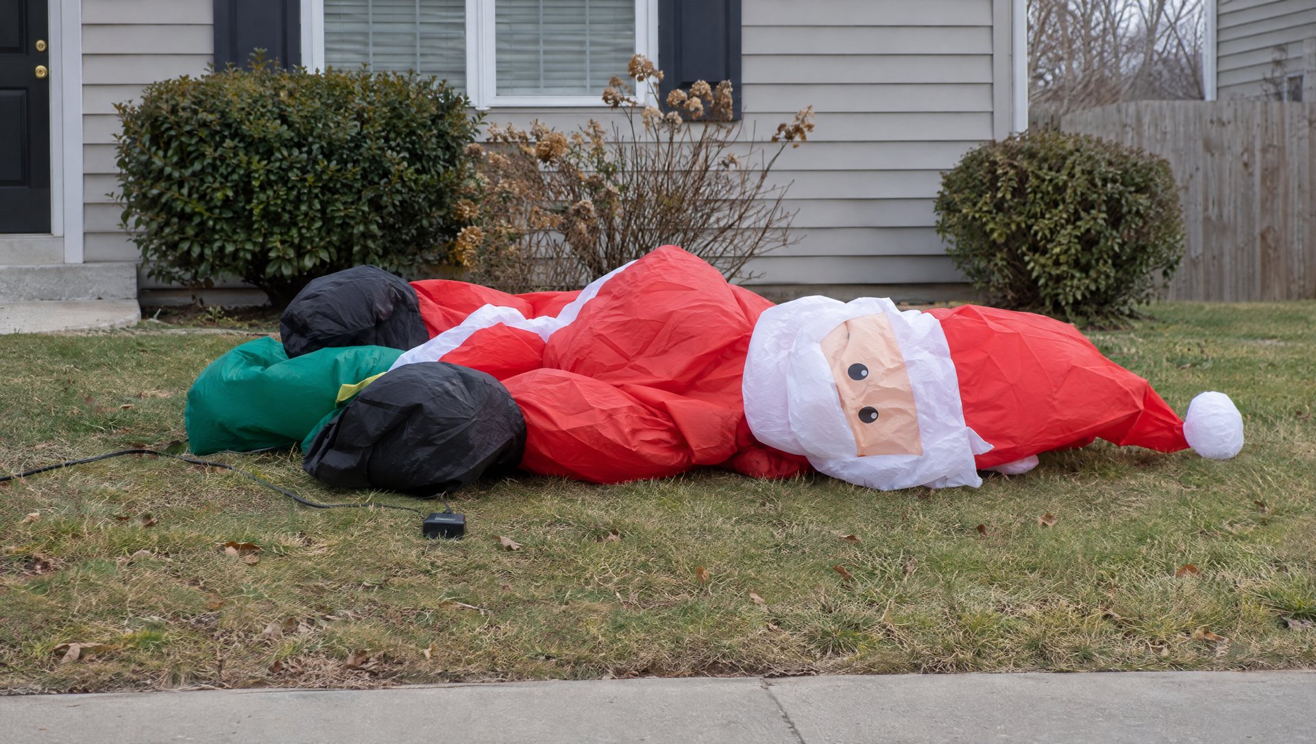 Deflated holiday inflatable lying on a front lawn in morning daylight
