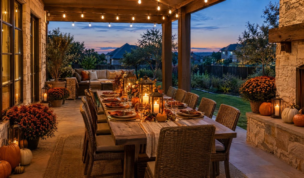 Covered patio set for an outdoor Thanksgiving dinner with string lights and fall decor