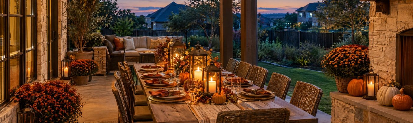 Covered patio set for an outdoor Thanksgiving dinner with string lights and fall decor