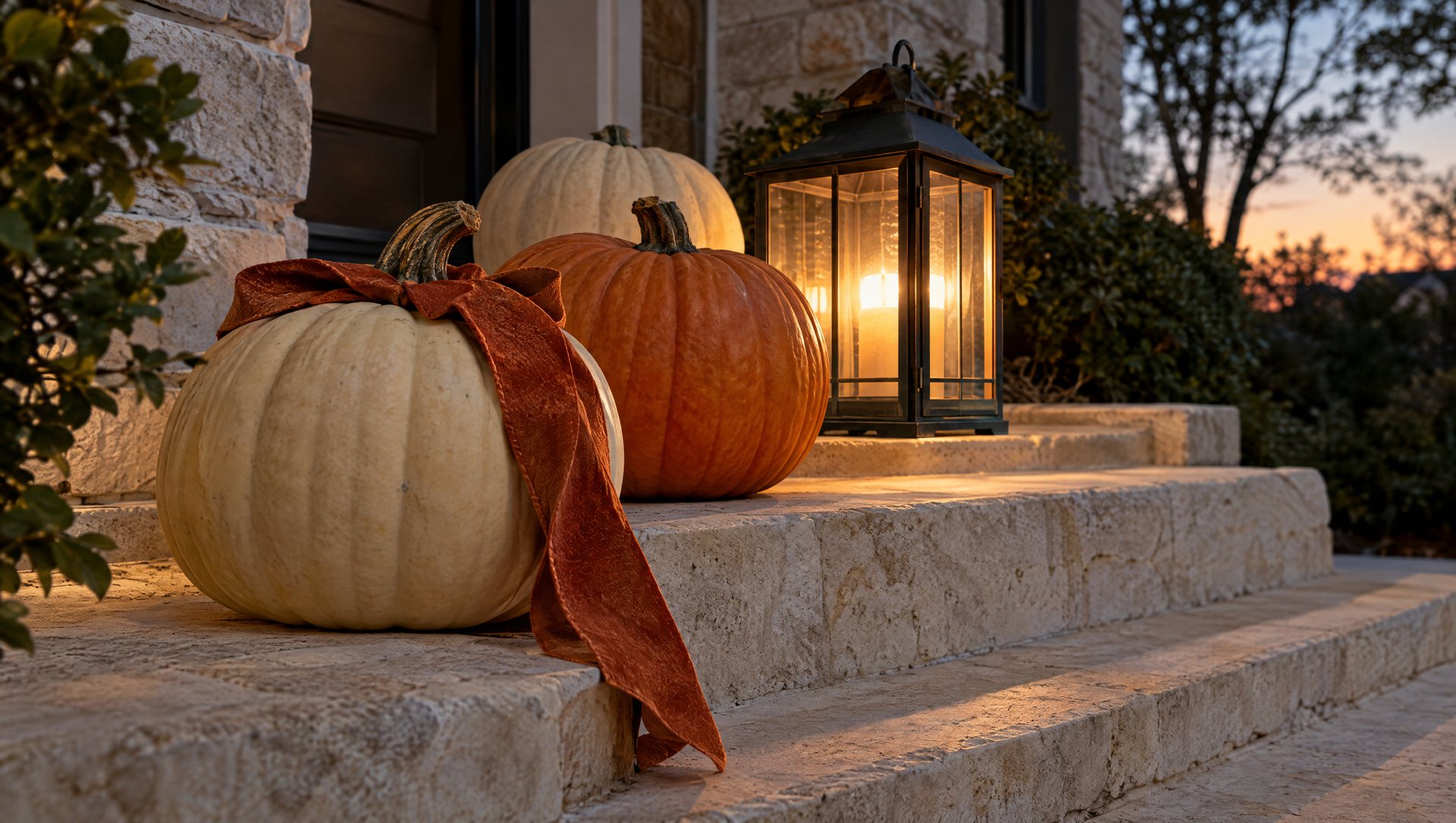 Cream and orange pumpkins on limestone steps lit by a warm-white lantern
