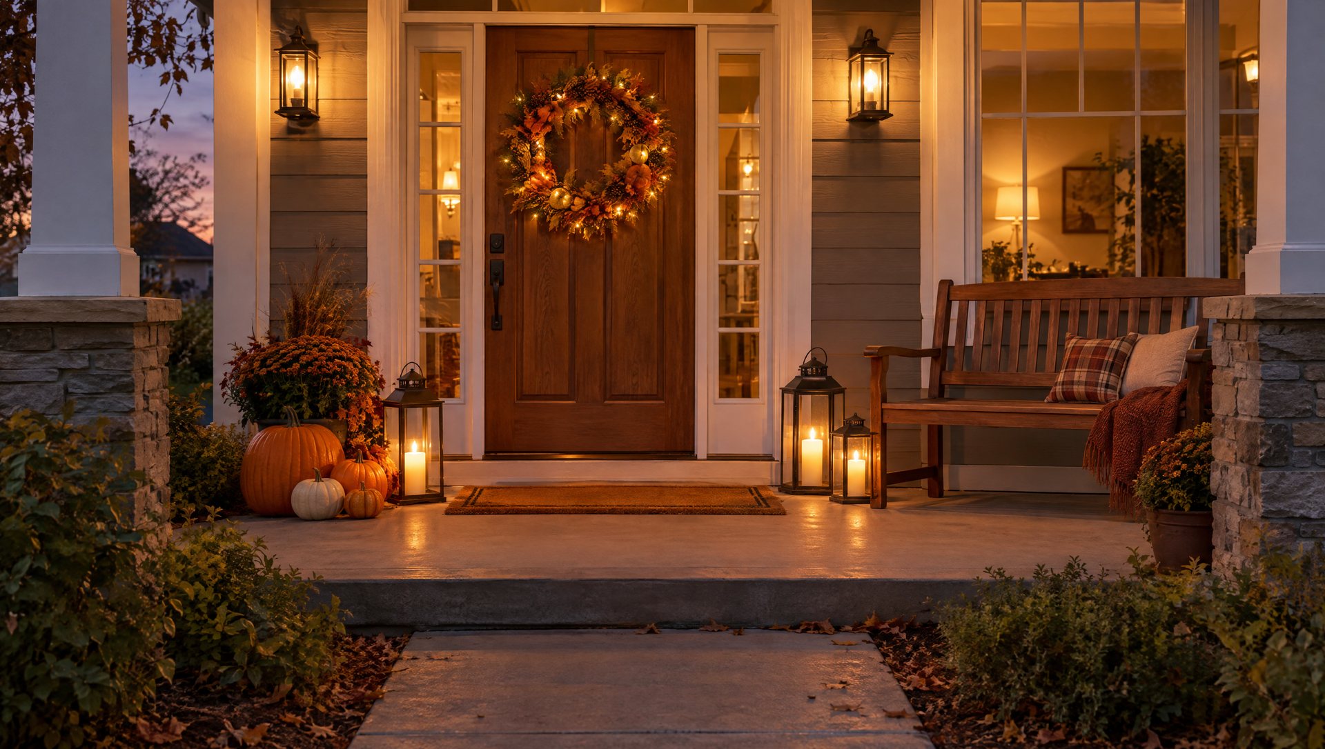 Warm-lit Thanksgiving doorway with a fall wreath, pumpkins, lanterns and a clear bench