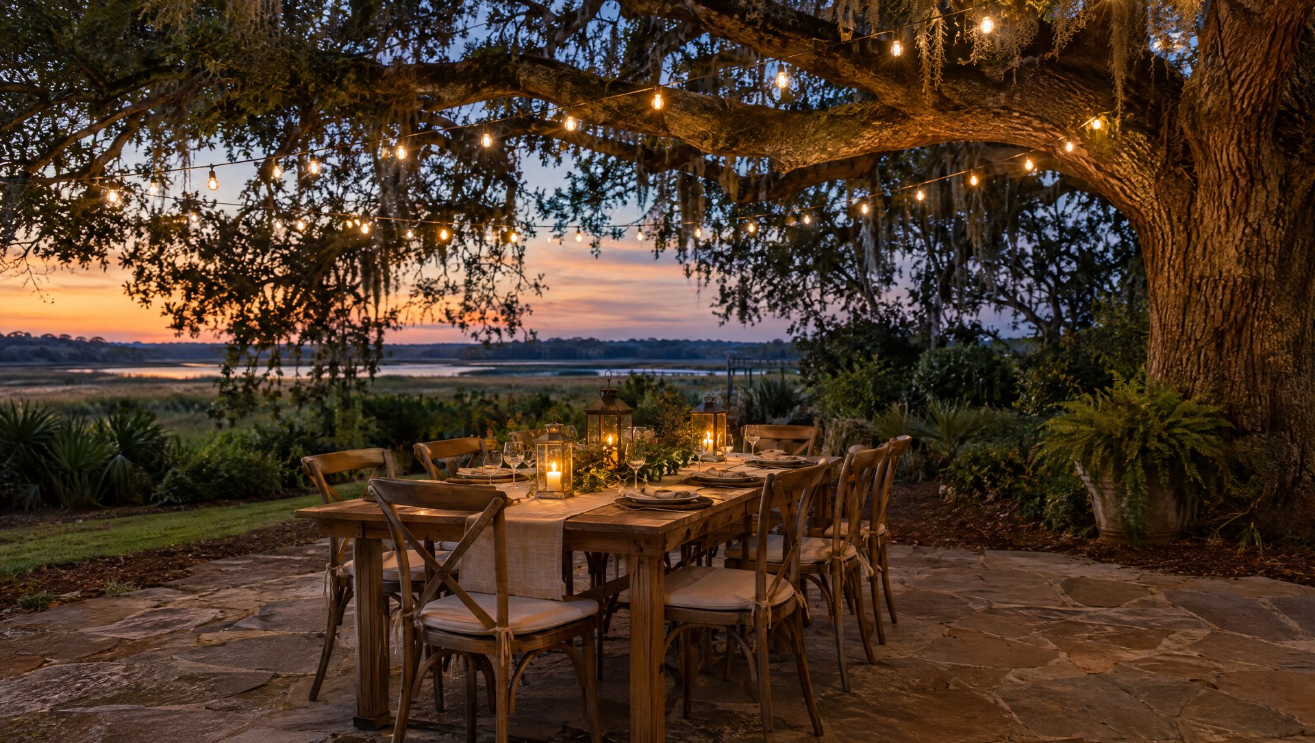 Bistro string lights above an outdoor Thanksgiving dinner table under a live oak